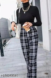 Black checked trouser pant, premium cotton blend for women's fashion. Made in India, custom quality clothing future
